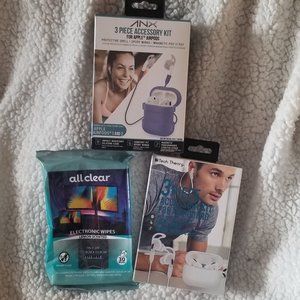 2 airpod accessory kits and a pack of lemon scented electronic wipes